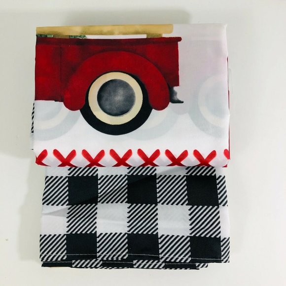 Christmas Red Truck Fabric Shower Curtain Holiday Buffalo Check Farmhouse New - Picture 2 of 3